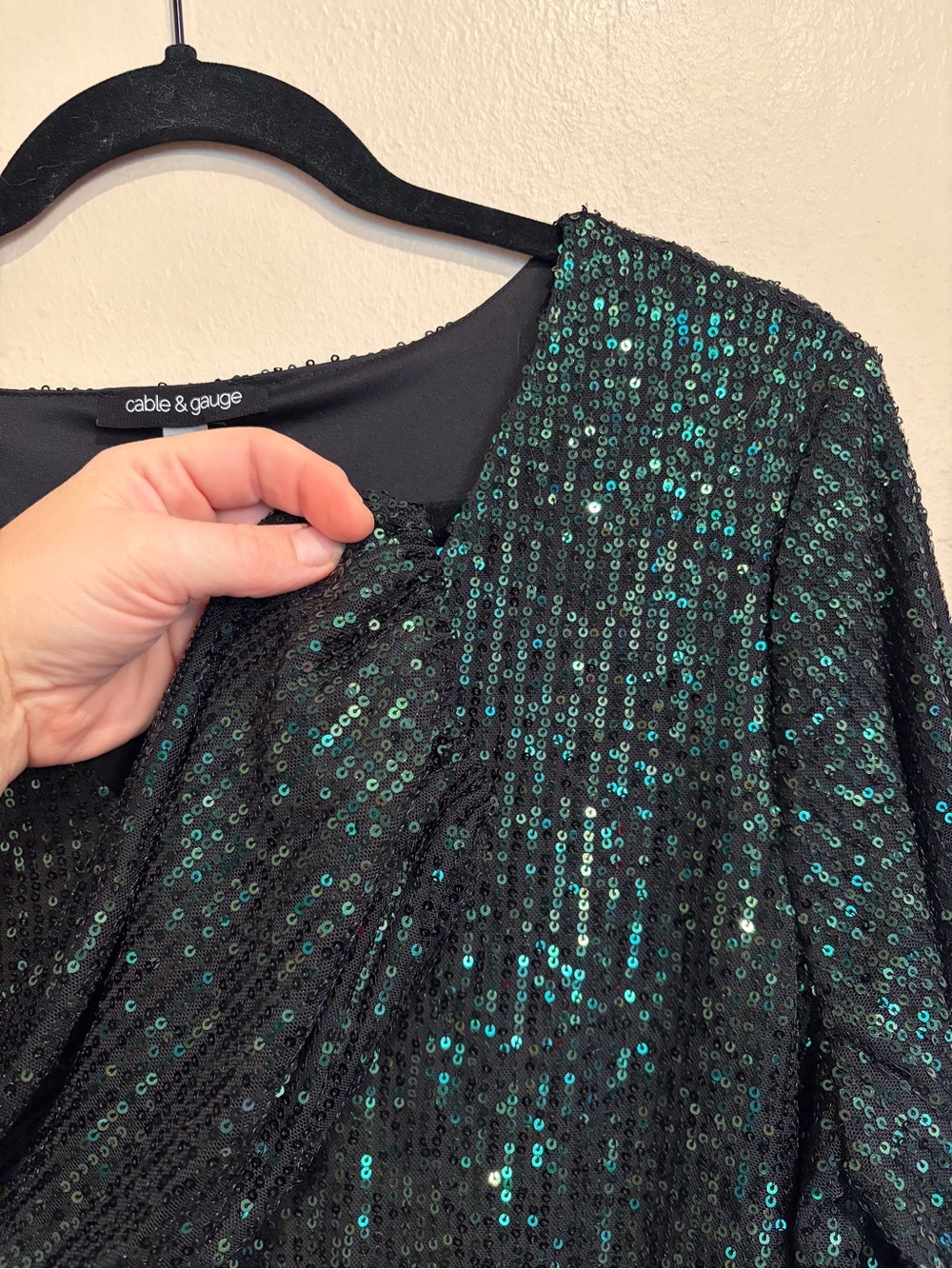 Cable & Gauge NWT Dark Green Sequin Party Dress, V-Neck w/ Long Sleeves, XL - Picture 9 of 11